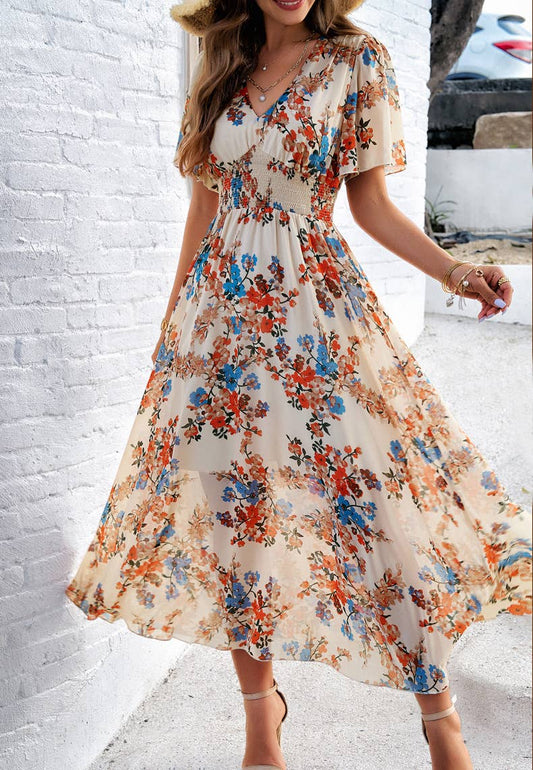 Floral V-Neck Waist-Tie A-Line Maxi Dress