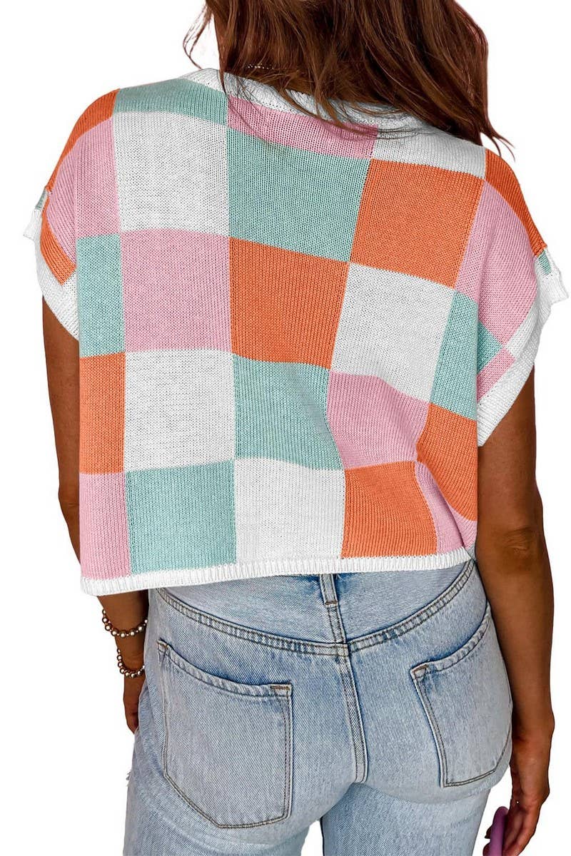 CWOSWS0123_ROUND NECK NAVEL BLOCK CHECKERED KNIT TOP