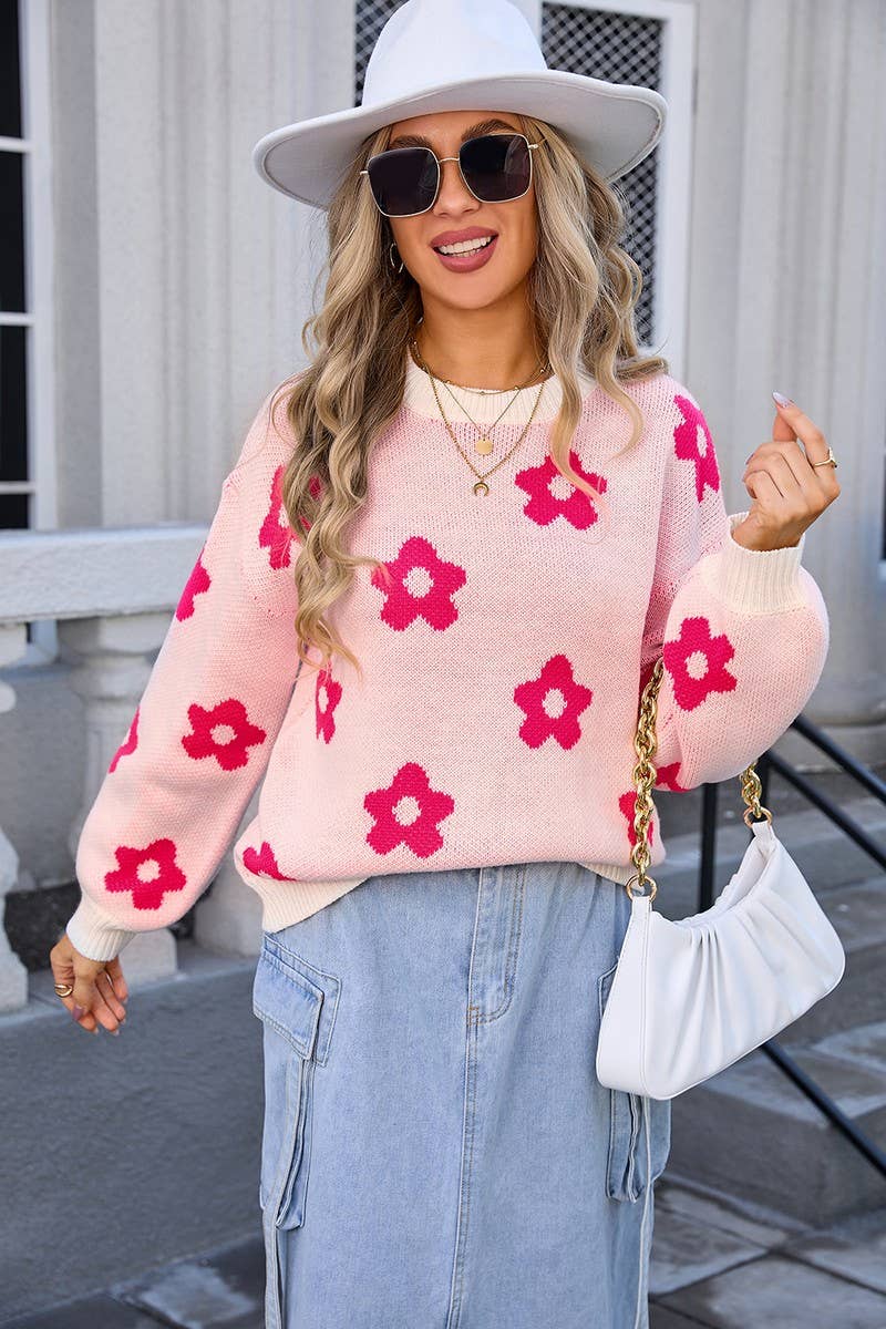 CWOSWL3072_FLORAL PRINT LONG SLEEVE CREWNECK KNIT SWEATER