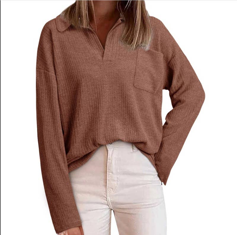 CASUAL BAGGY SOLID COLOR LAPEL POCKET SWEATER