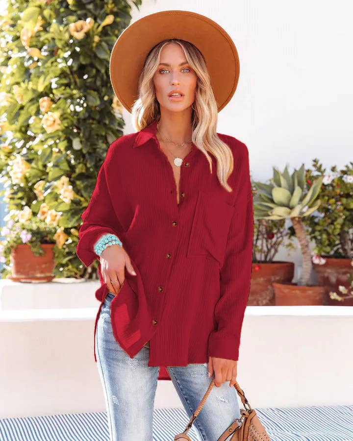 BAT-SLEEVED CASUAL SOLID COLOR LONG-SLEEVED SHIRT