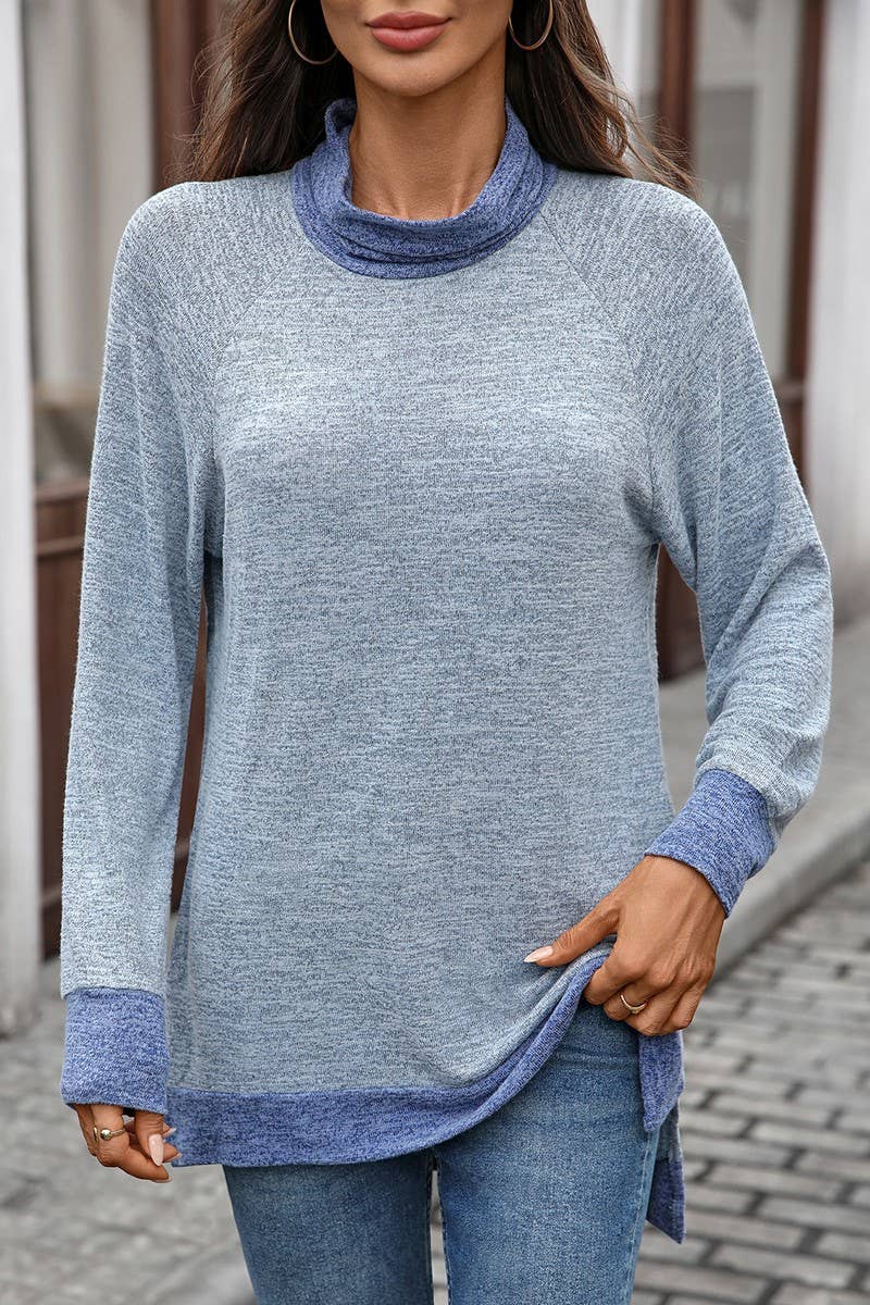 CWTBLL01308_COLORBLOCK SCARF NECK LONG SLEEVE CASUAL TOP