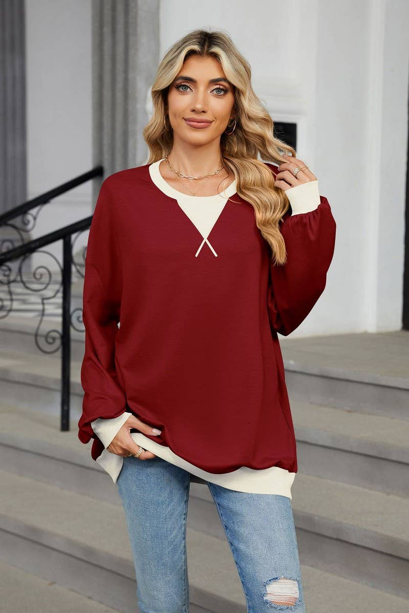 CWTBLL3743_AUTUMN AND WINTER CONTRAST COLOR LOOSE SWEATSHIRT