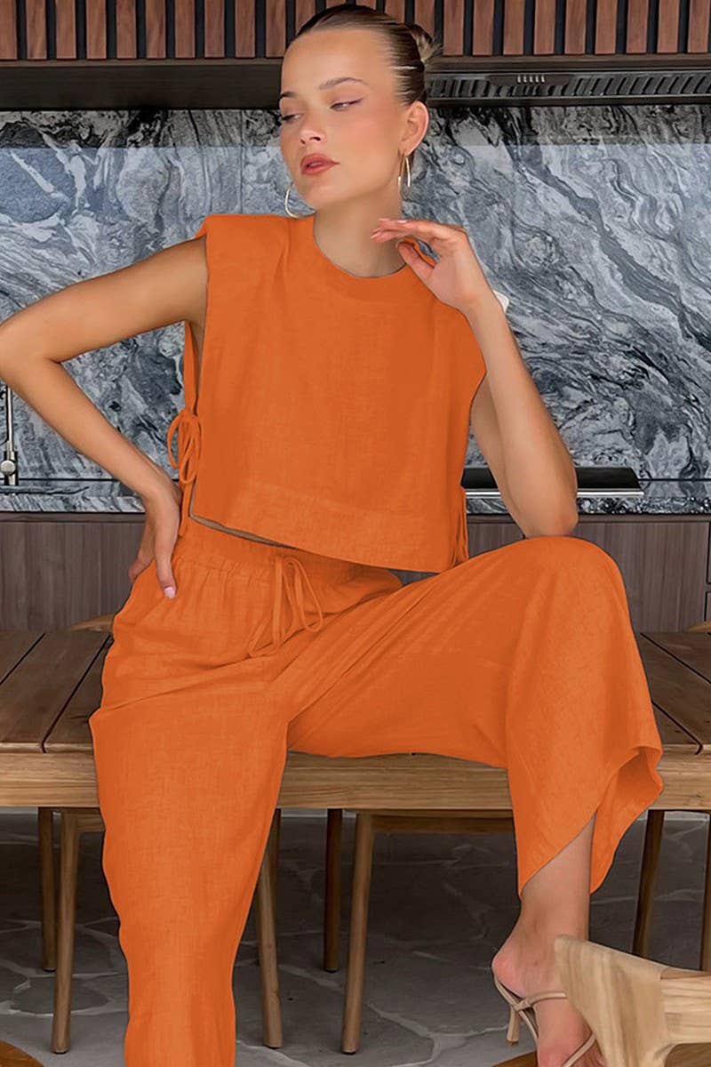 CWSTB2046_SLEEVELESS PADDED SHOULDER TOP AND PANTS SET