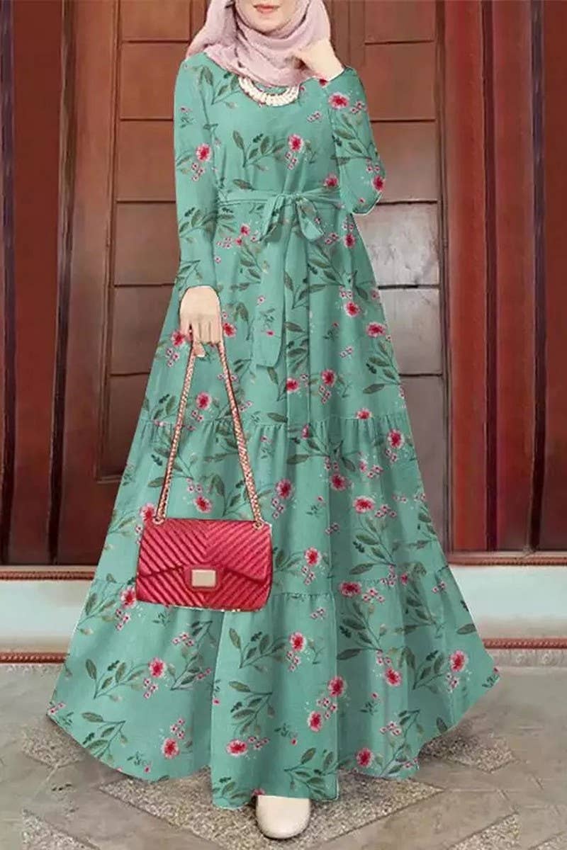 CWDMD3273_PRINTED TIE-NECK MUSLIM DRESS