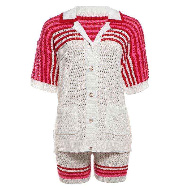 CUT-OUT LAPEL TOP HIGH-WAISTED SHORTS KNIT SUIT