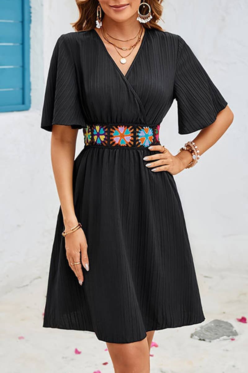 CWDSD7645_EMBROIDERED LACE TRIM ELASTIC WAIST SHORT DRESS