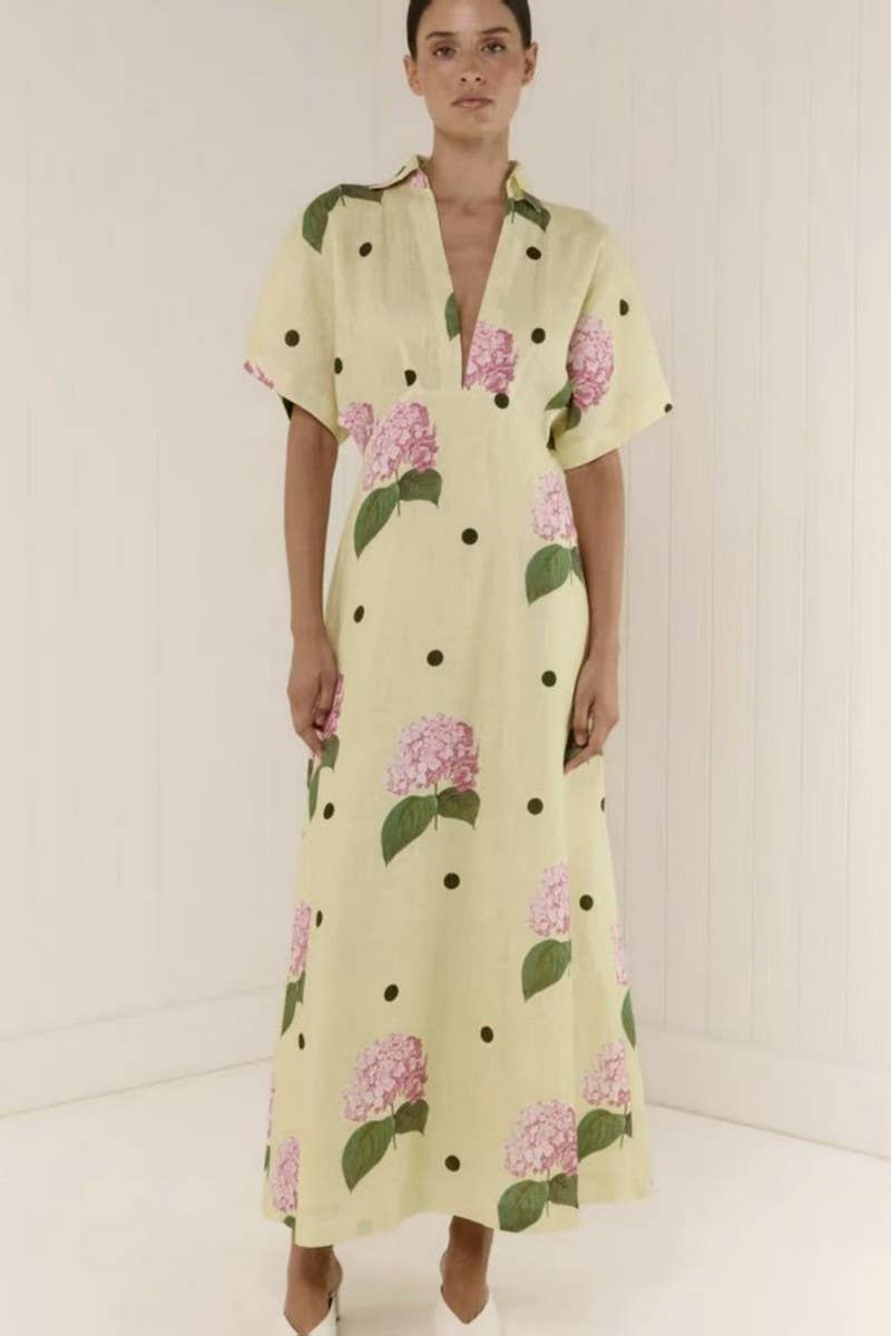 CWDMD6032_V-NECK STYLISH PRINTED WAIST TIE MAXI DRESS