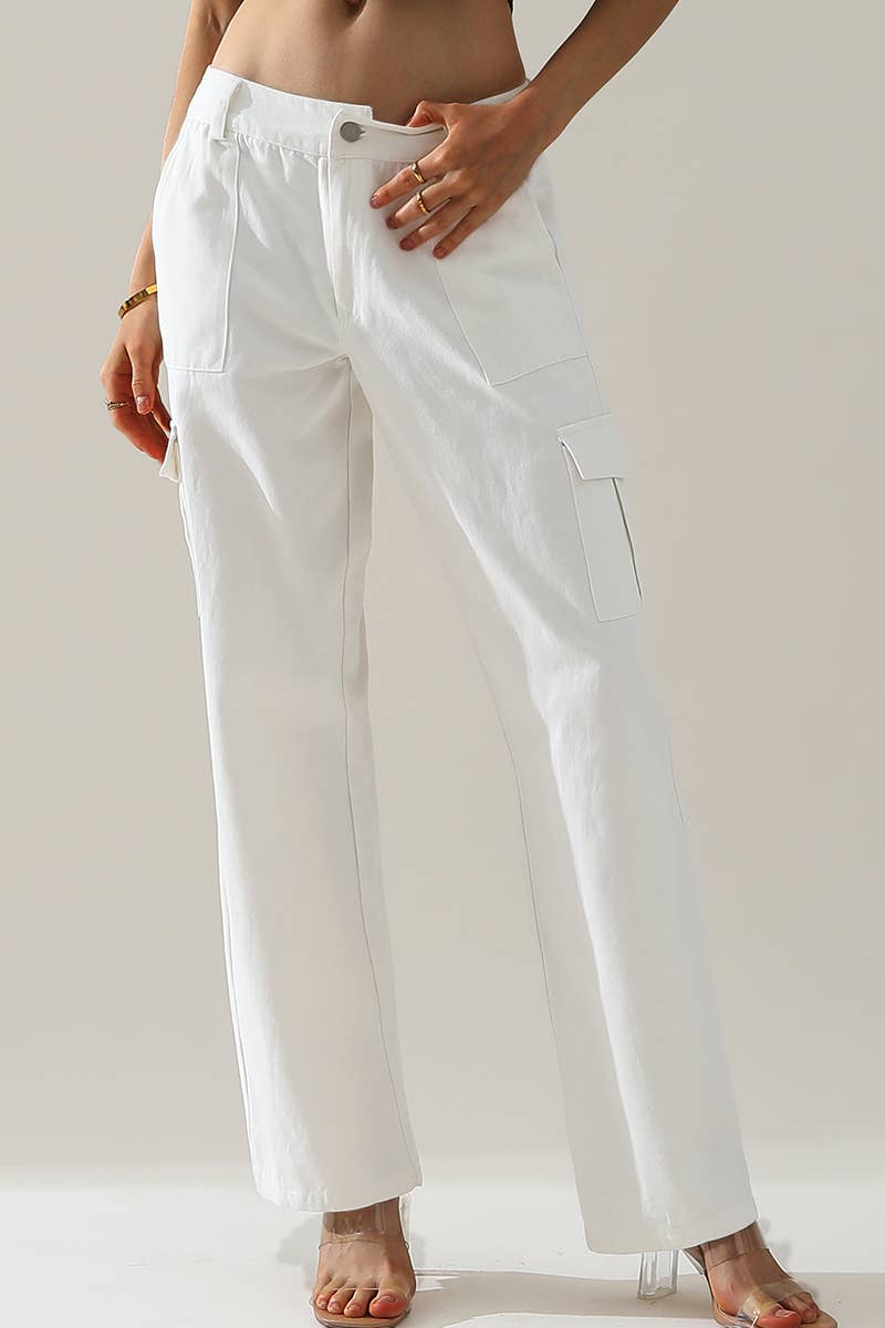 CWBLP421_Cargo Cotton Pants Wide Leg Casual Pants 4 Pockets