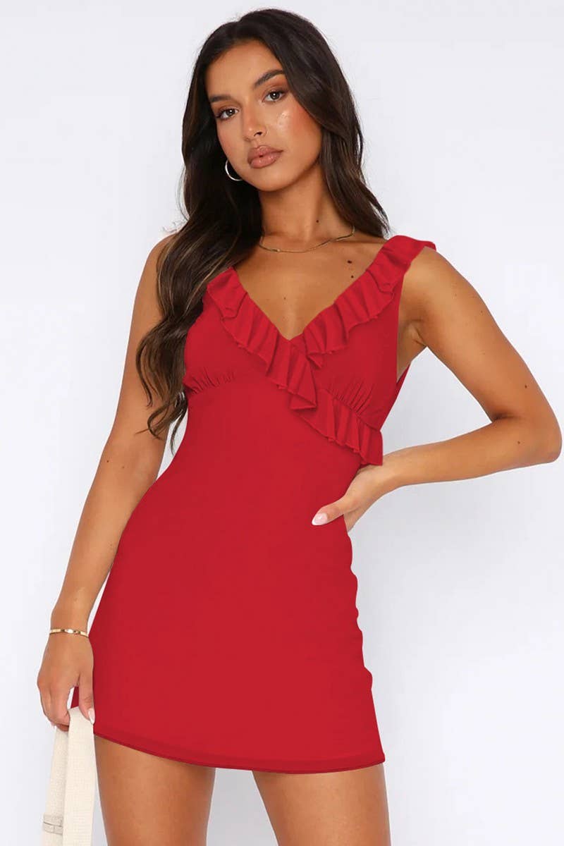 CWDSD7270_V-NECK PLEATED RUFFLE SLEEVELESS DRESS