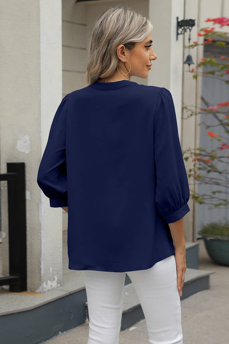CWTBLL3673_KEYHOLE V NECK 3/4 SLEEVE LOOSE CHIFFON TOP