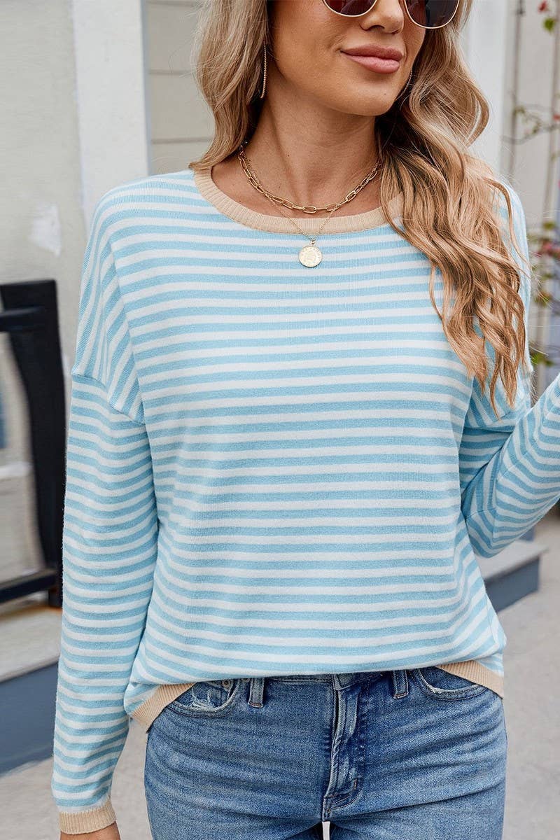 CWTBLL01204_COLORBLOCK TRIM STRIPE LOOSE KNIT PULLOVER