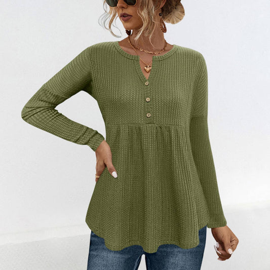BUTTON-DOWN WAFFLE TOP WITH LONG SLEEVES