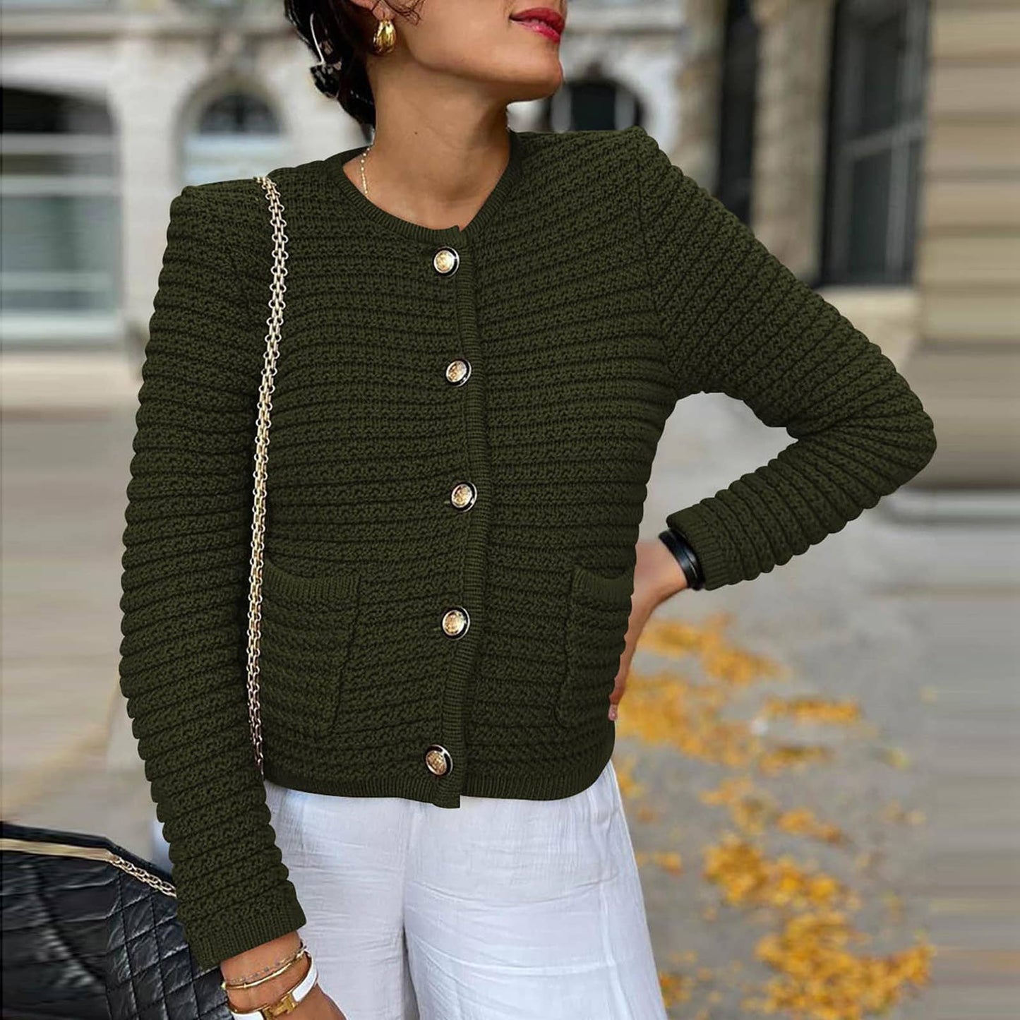 Crew-neck knitted commuter vintage casual cardigan