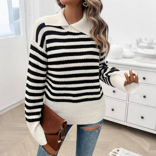 Casual baggy lapel striped long-sleeved sweater