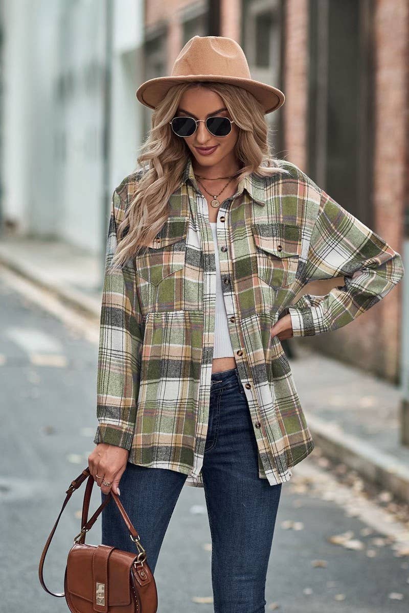 CWTSTL2484_LAPEL LONG SLEEVE POCKET CASUAL PLAID SHIRT