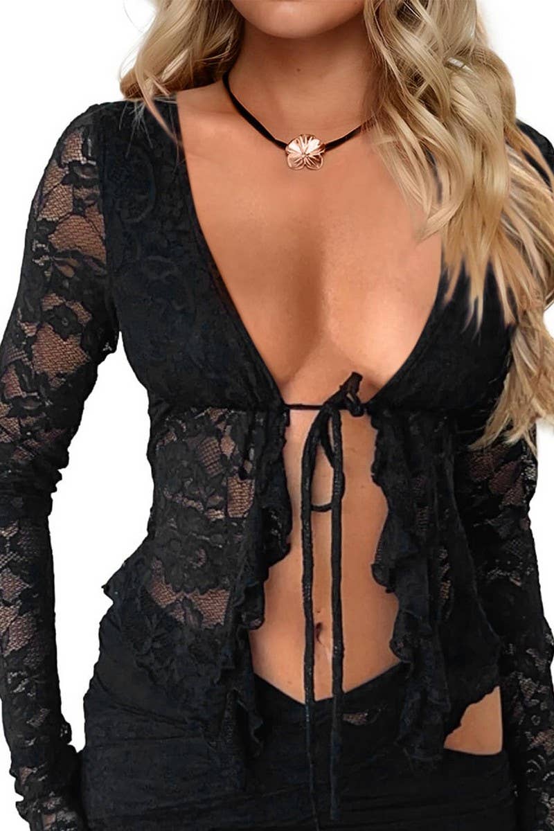 CWTTL2064_HOLLOW SEXY LACE CARDIGAN LONG SLEEVE LACE SHIRT