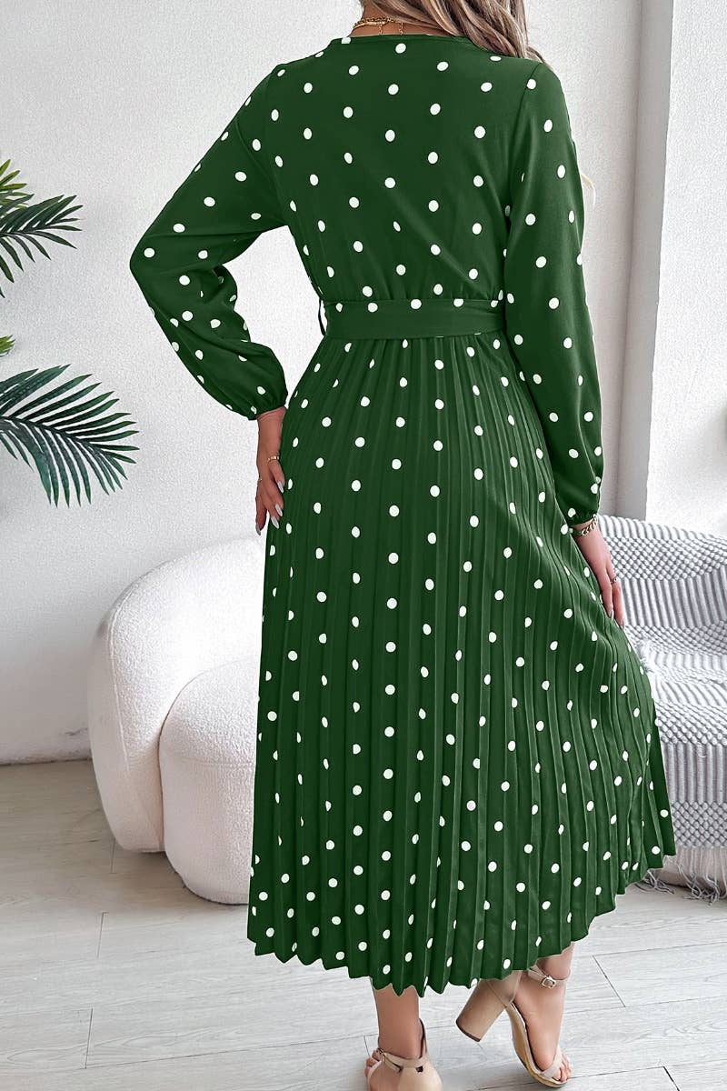 CWDMD3444_POLKA DOT CROSS V-NECK PLEATED DRESS LONG