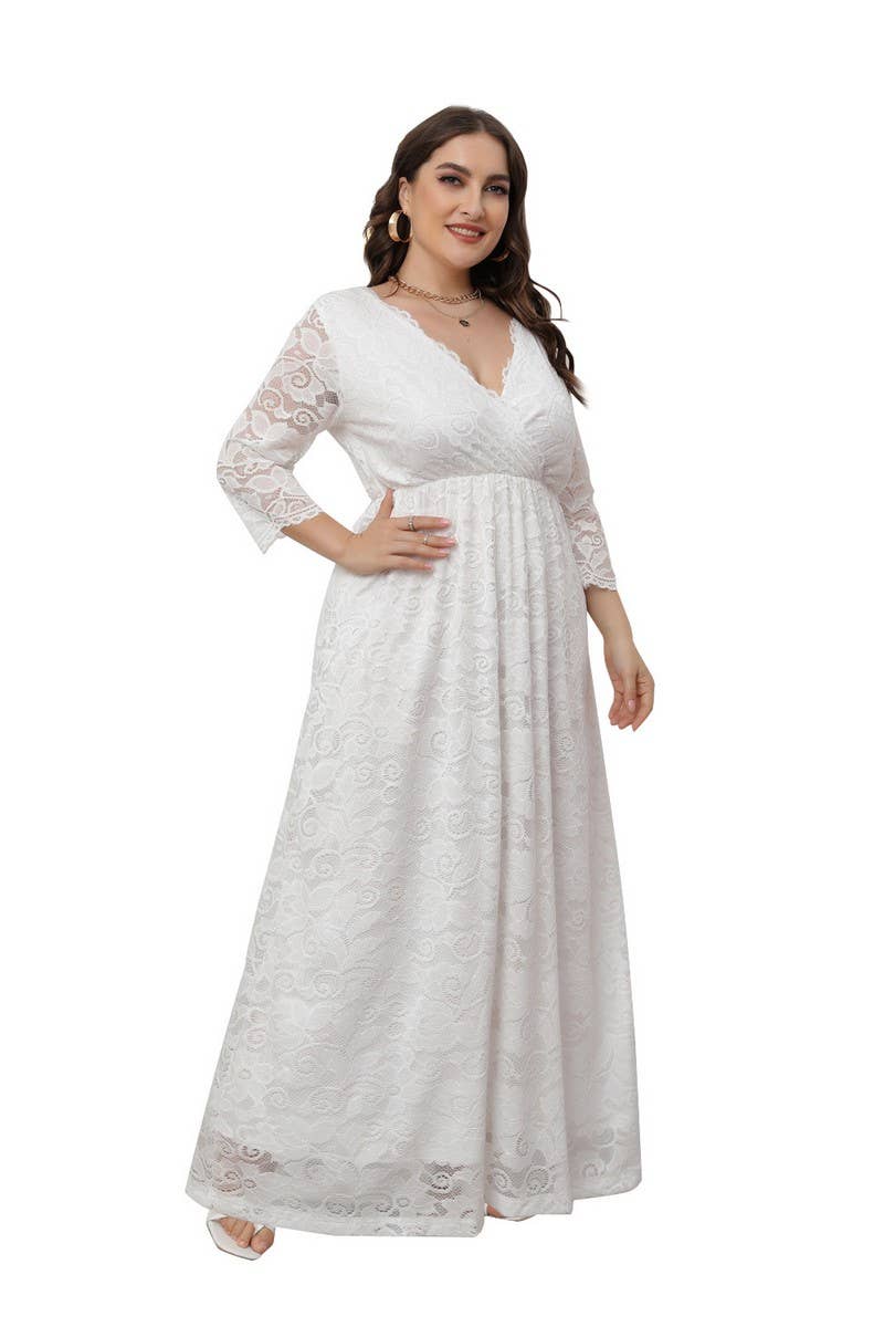 CWDMD3208_PLUS SIZE V NECK LACE LONG GOWN DRESS