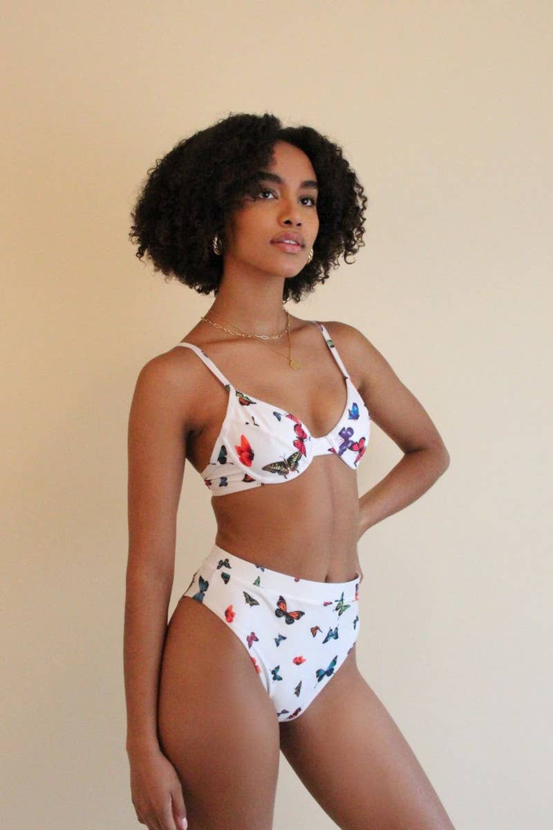 CWMW0846_BUTTERFLY PRINT HIGH WAIST TWO-PIECE SWIMSUIT
