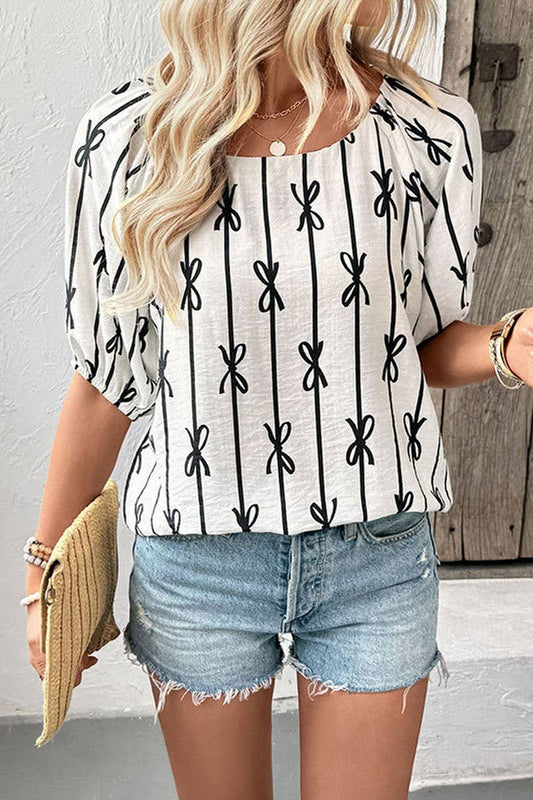 CWTBLS2134_PUFF SLEEVE SQUARE NECK BOW TIE STRIPE SHIRT