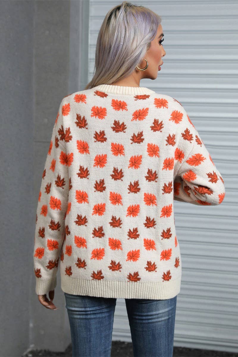 CWOSWL5757_MAPLE LEAF CHRISTMAS CREW NECK SWEATER