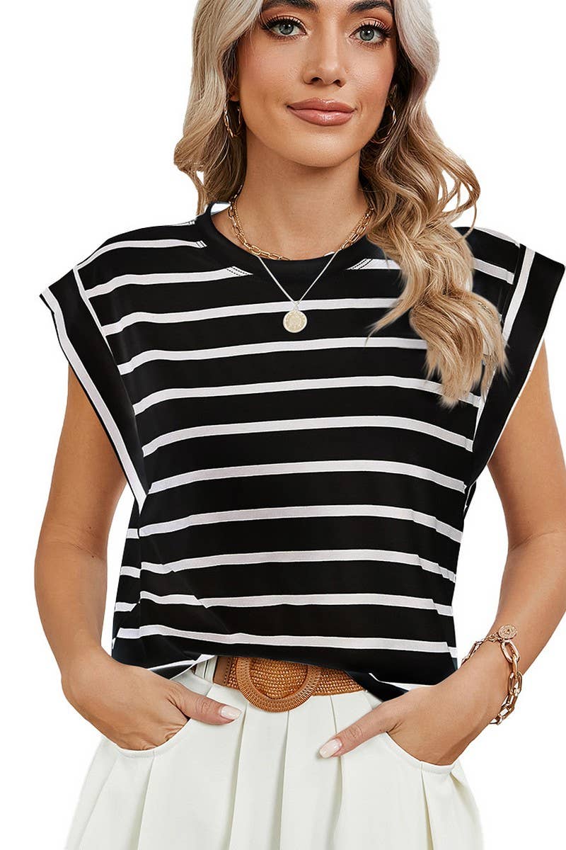 CWTBLS0865_ROUND NECK STRIPED RAGLAN SLEEVE T-SHIR