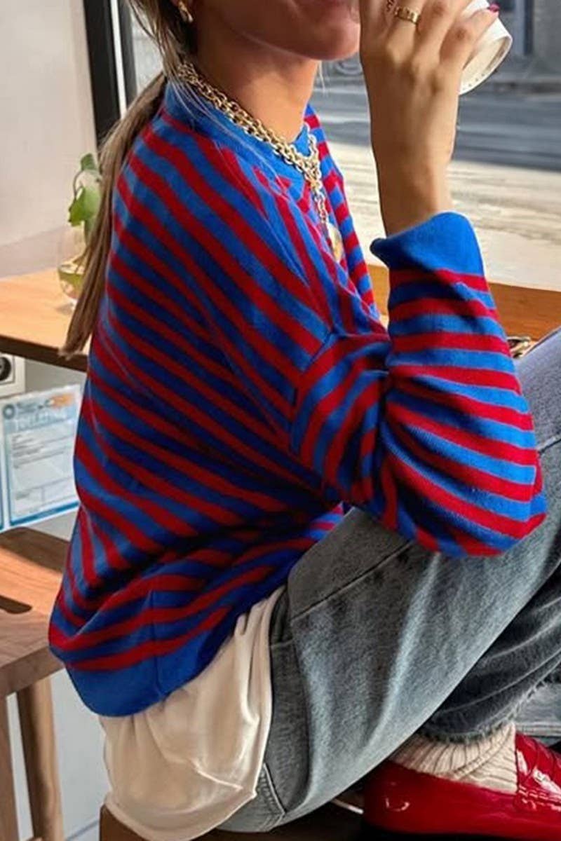 CWOSWL07505_CASUAL LOOSE STRIPED LONG SLEEVE KNIT TOP