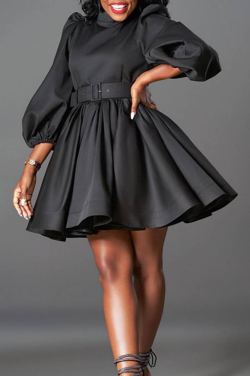 CWDSD10900_WOMEN PUFF SLEEVE WAIST SLIM ELEGANT DRESS