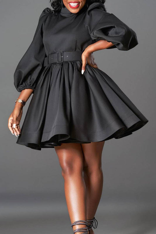 CWDSD10900_WOMEN PUFF SLEEVE WAIST SLIM ELEGANT DRESS