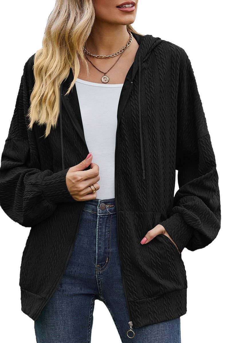 CWOHOL0476_ Casual Zip-Up Open Front Hoodie Cardigan Top