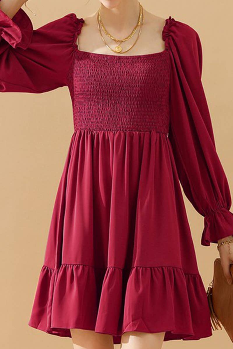 CWDSD10342_RUFFLE HIGH WAIST LONG SLEEVE CASUAL DRESS