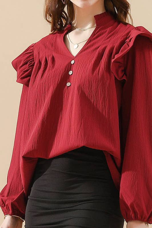 CWTBLL259_RUFFLED BUTTON SOLID COLOR V NECK  BLOUSE