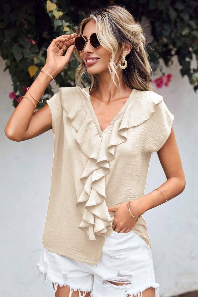CWTBLS0665_WOMEN'S SHORT-SLEEVED V-NECK RUFFLED TOP