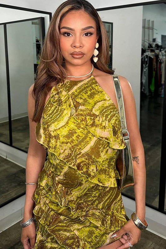 CWDSD10502_HALTER NECK RUFFLE TRIM BODYCON DRESS