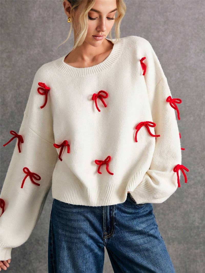 Bowknot adornment easing round neck sweaters