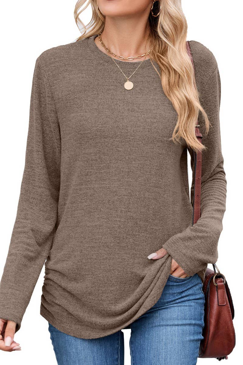 CWTBLL01304_COLORBLOCK RUCHED LONG SLEEVE CASUAL T SHIRT