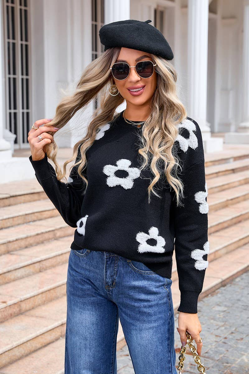 CWOSWL3110_FLORAL ROUND NECK PULLOVER LONG SLEEVE KNIT TOP