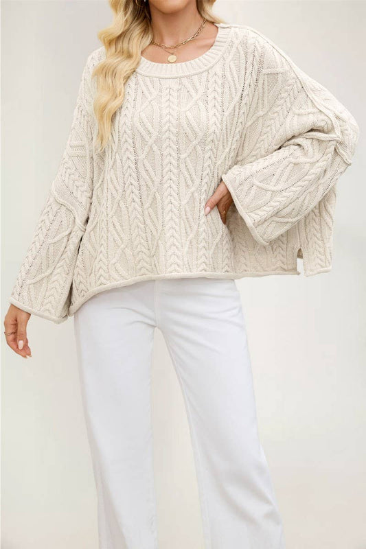 CWOSWL7016_ROUND NECK SHORT CABLE KNIT LOOSE SWEATER