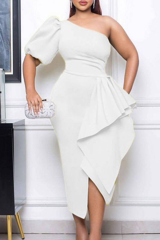 CWDMD1731_PLUS SIZE SLOPE NECK SLIT RUFFLED MIDI DRESS