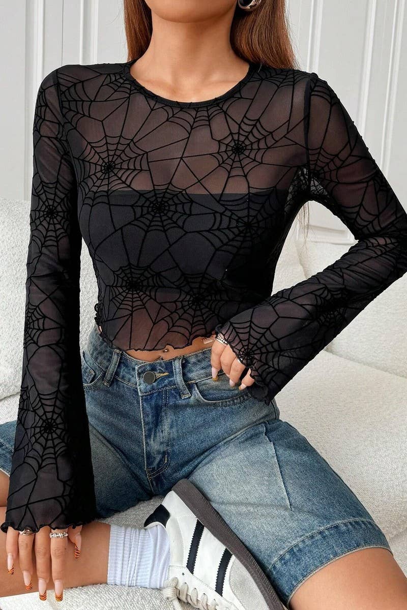 CWTBLL3478_BLACK TRANSPARENT RUFFLED SPIDER WEB T-SHIRT TOP
