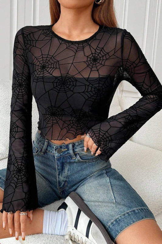 CWTBLL3478_BLACK TRANSPARENT RUFFLED SPIDER WEB T-SHIRT TOP