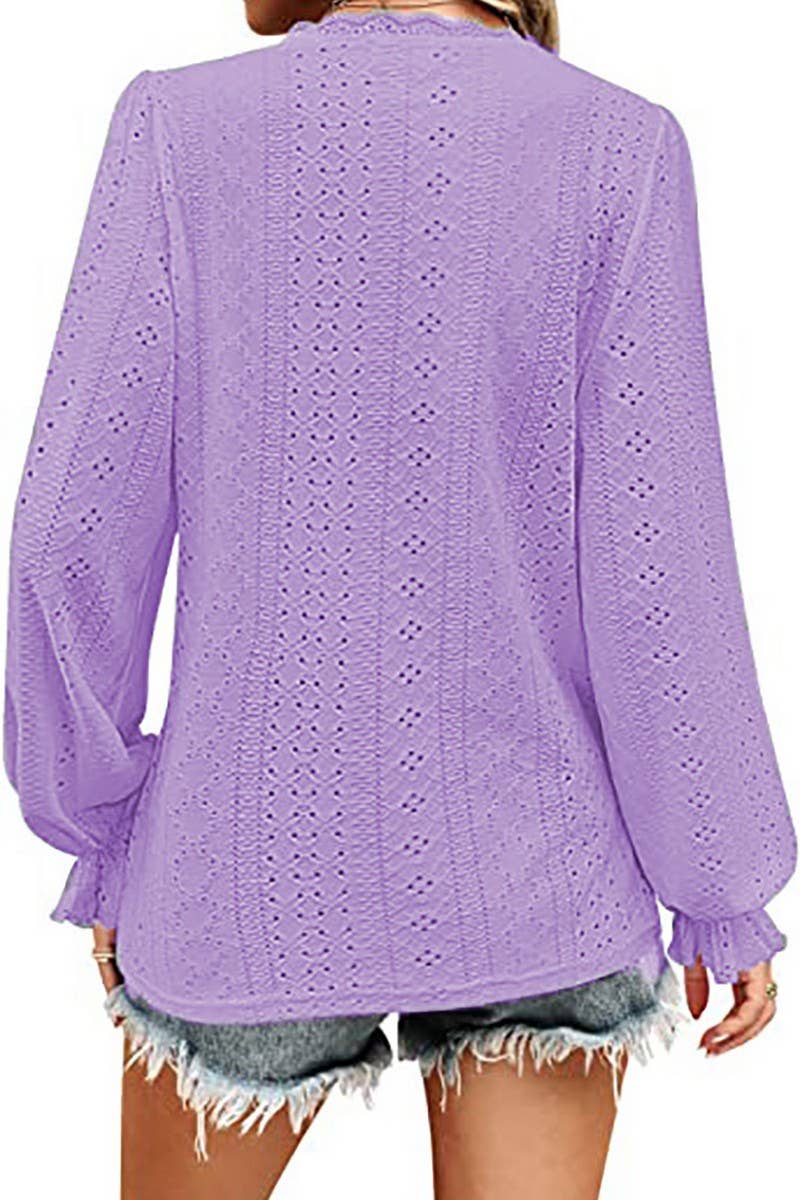 CWTBLL1046_V-NECK SOLID COLOR HOLLOW CASUAL LONG-SLEEVED TOP