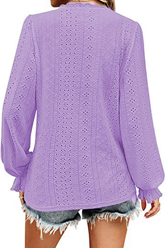 CWTBLL1046_V-NECK SOLID COLOR HOLLOW CASUAL LONG-SLEEVED TOP