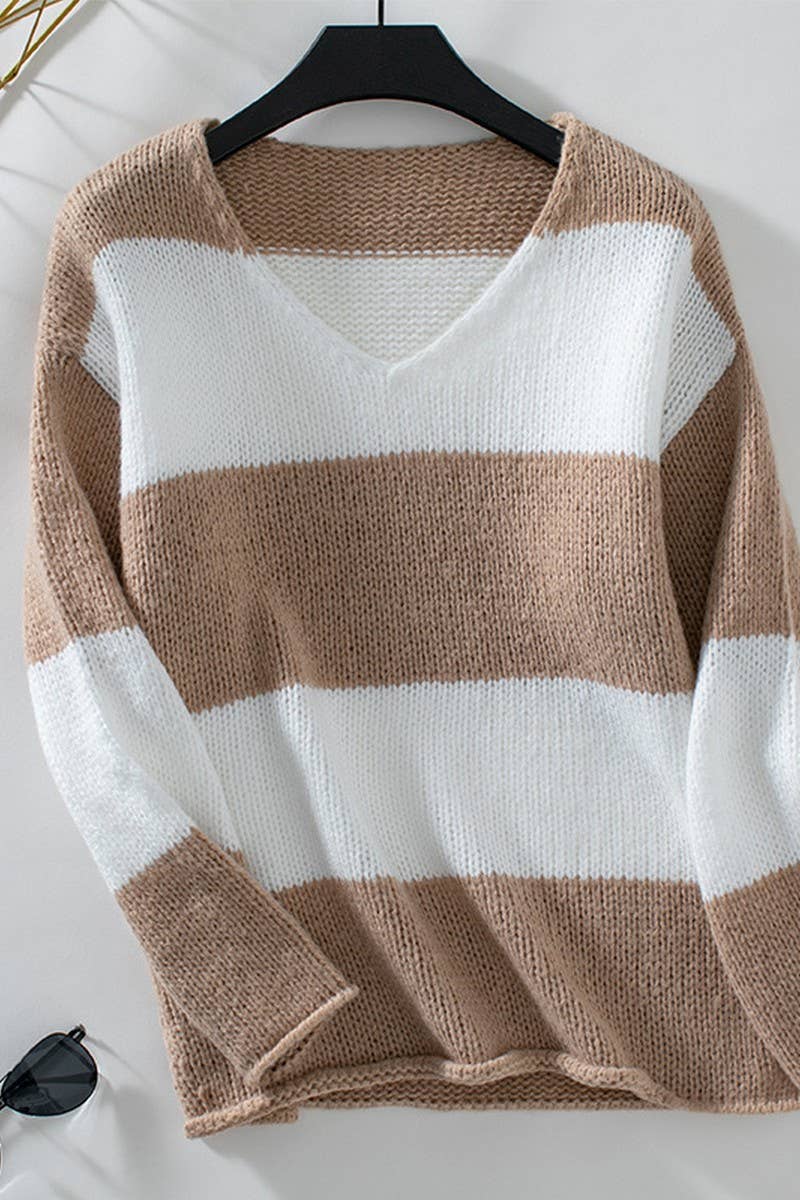 CWOSWL2930_STRIPED V-NECK OFF-THE-SHOULDER KNITTED SWEATER