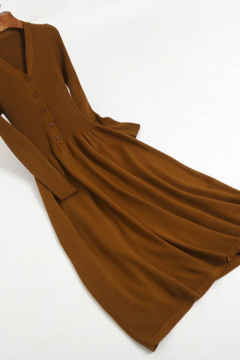 CWDMD4015_V-NECK WAIST BELOW KNEE LONG KNITTED DRESS