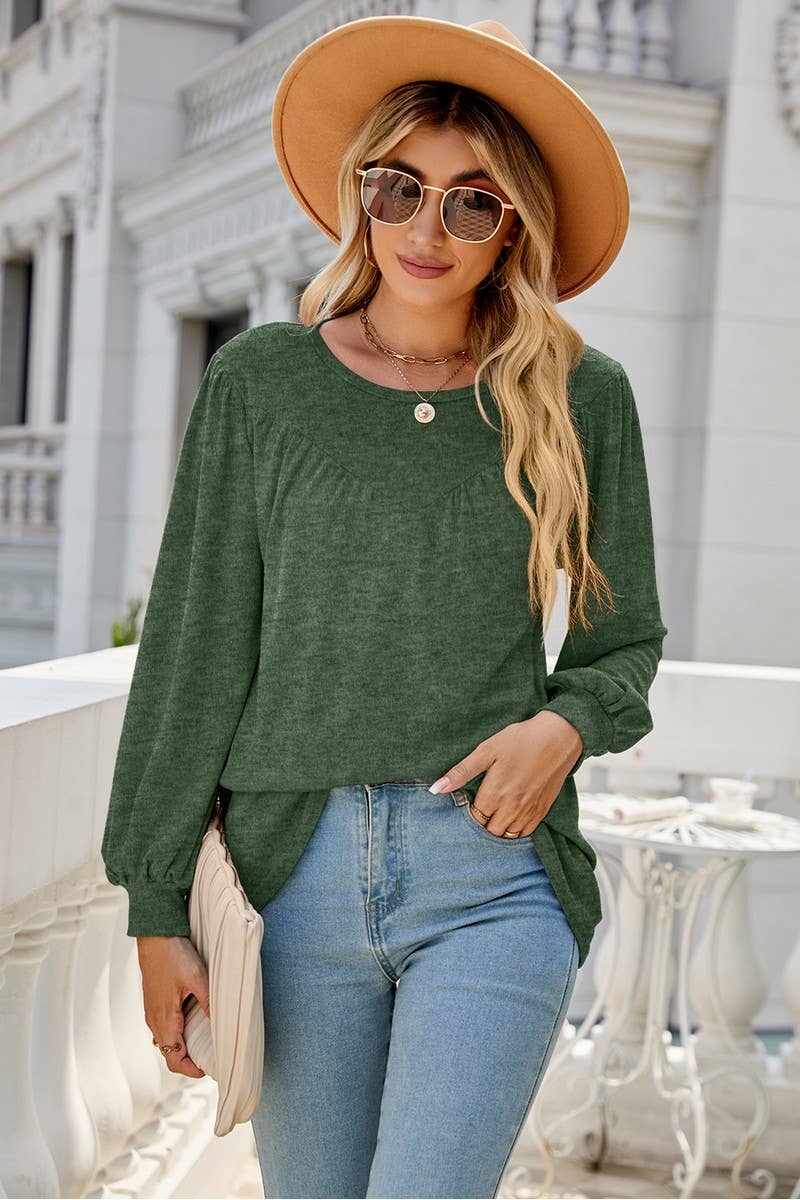 CWTBLL3690_LOOSE CREW NECK CASUAL PLEATED TOP
