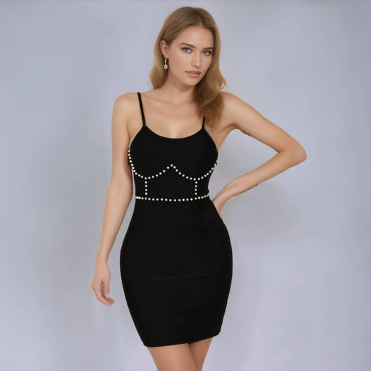 Black beaded strappy backless party mini dress