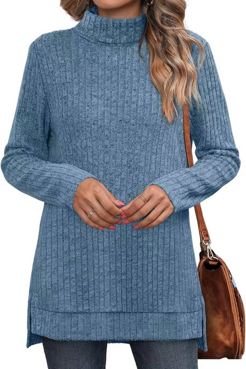 CWOSWL6106_SOLID COLOR HIGH COLLAR SLIT RIBBED BOTTOMING TOP