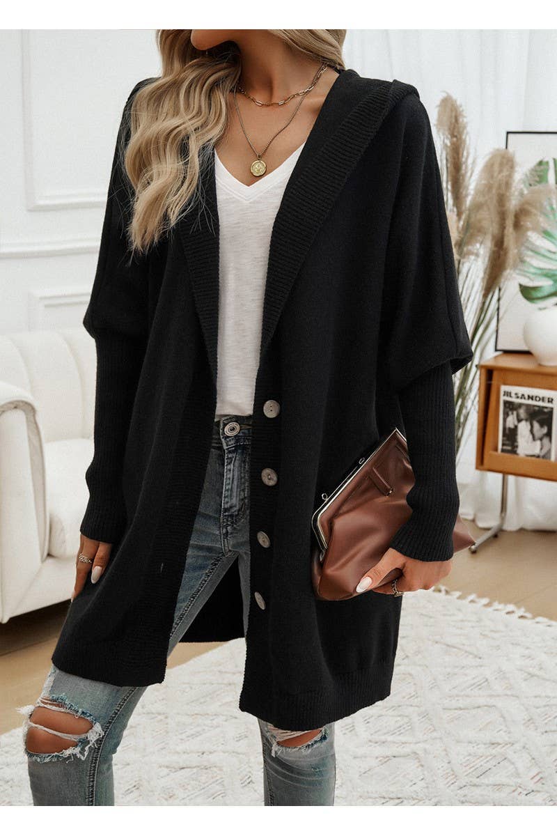 CWOCAL0873_Button Up Hooded Knit Sweater Long Cardigan